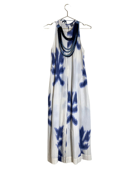 Pandora "Work and Days" Ikat Dress with Ombre Bead Necklace - Ecru and Blue