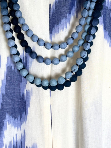 Pandora "Work and Days" Ikat Dress with Ombre Bead Necklace - Ecru and Blue