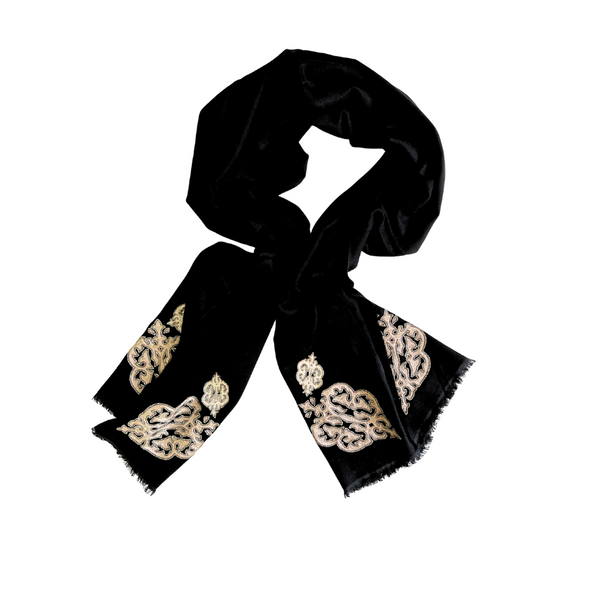 Black with Silver Embroidery Long Scarf 70% Cashmere 30% Silk Leaf Motif