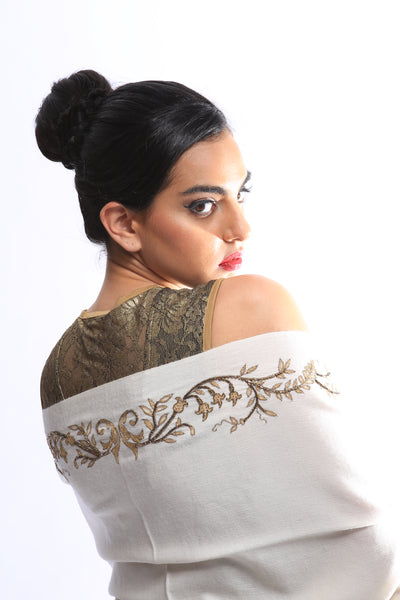 Bidri 70% Cashmere 30% Silk Embroidered Long Scarf Cream