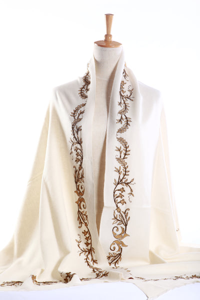 Bidri 70% Cashmere 30% Silk Embroidered Long Scarf Cream