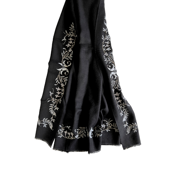 Black with Silver Embroidery Long Scarf 70% Cashmere 30% Silk