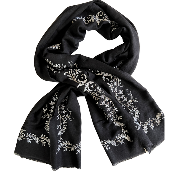Black with Silver Embroidery Long Scarf 70% Cashmere 30% Silk