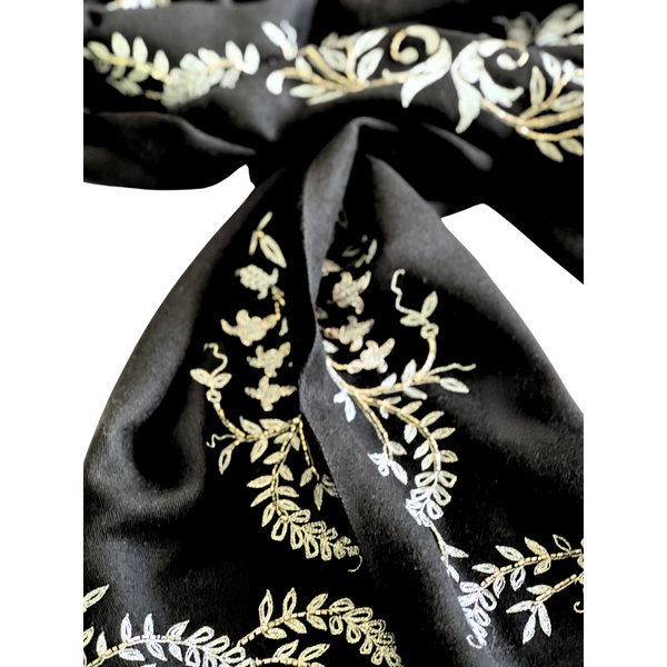 Black with Silver Embroidery Long Scarf 70% Cashmere 30% Silk