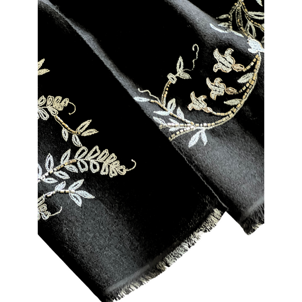 Black with Silver Embroidery Long Scarf 70% Cashmere 30% Silk