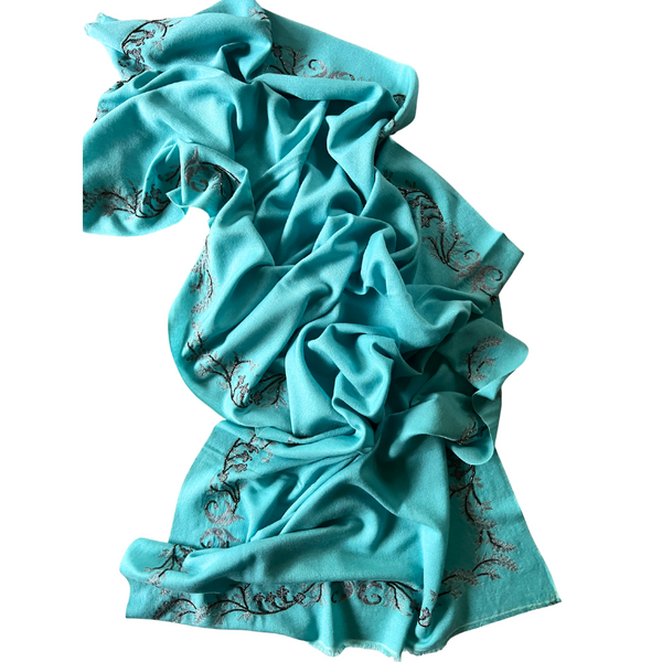 Turquoise Blue with Silver Emrboidery Long Scarf 70% Cashmere 30% Silk E