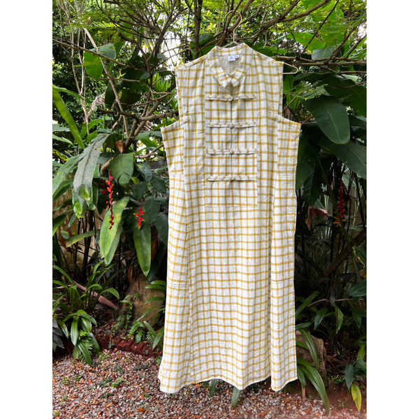 Eileen Mandarin Collar Dress - White with Yellow Checks