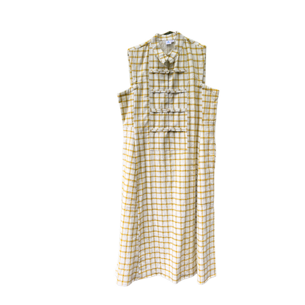 Eileen Mandarin Collar Dress - White with Yellow Checks