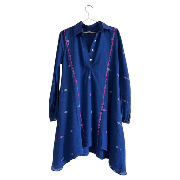 Leela Flared Swing Dress - Cobalt Blue Jamdani