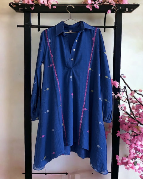 Leela Flared Swing Dress - Cobalt Blue Jamdani