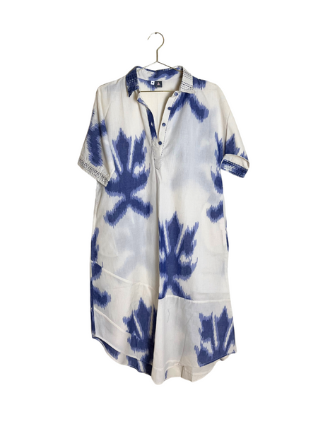 Amrita Freedom Shirt Dress Ecru and Blue Ikat