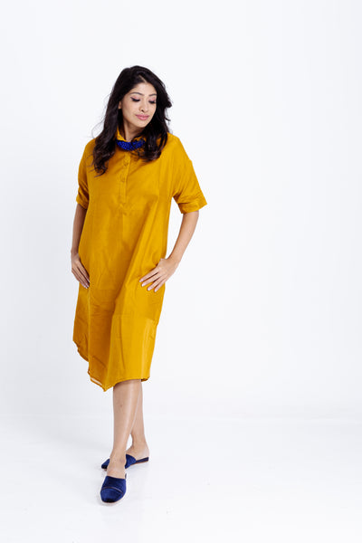 Amrita Freedom Shirt Dress -Mustard Yellow Chanderi Cotton-Silk