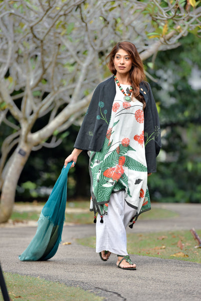 Embroidered Tropical Journey Kaftan Shift Dress