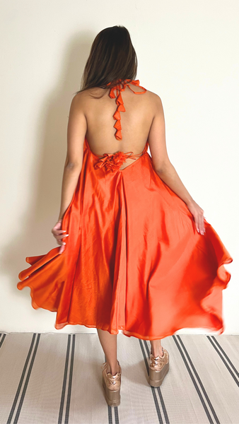 Twyla Backless Strappy Dress with Bralette Top - Burnt Orange Chanderi