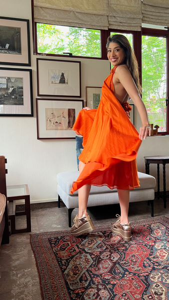 Twyla Backless Strappy Dress with Bralette Top - Burnt Orange Chanderi