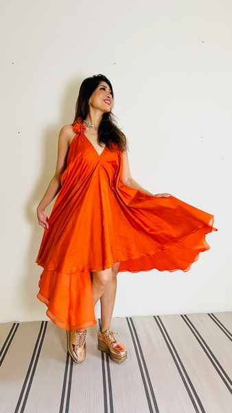 Twyla Backless Strappy Dress with Bralette Top - Burnt Orange Chanderi