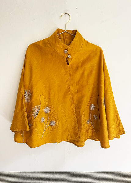 Embroidered Cape Jacket-Mustard Yellow Chanderi Cotton-Silk