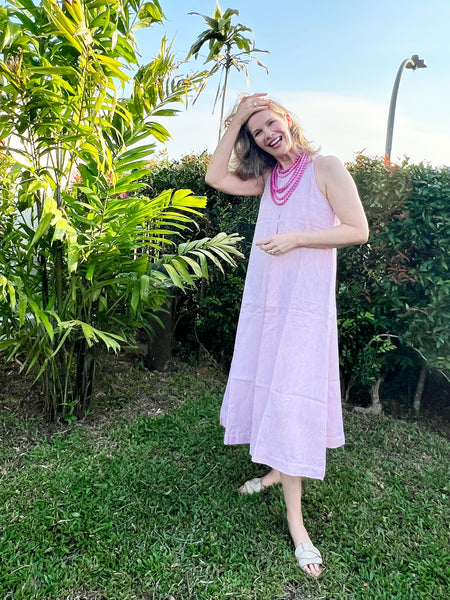 Pandora "Work and Days" Linen Dress with Ombre Bead Necklace - Baby Pink