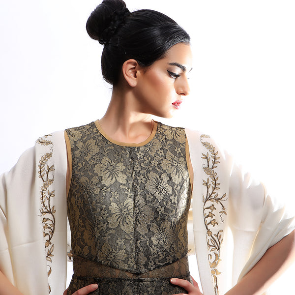 Bidri 70% Cashmere 30% Silk Embroidered Long Scarf Cream