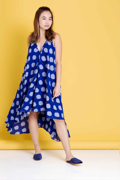 Twyla Backless Strappy Dress with Bralette Top -Blue and Grey Ikat