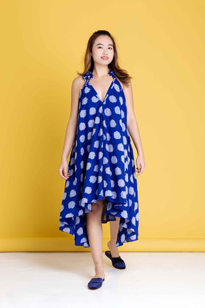 Twyla Backless Strappy Dress with Bralette Top -Blue and Grey Ikat