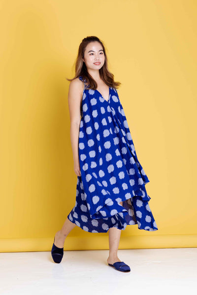 Twyla Backless Strappy Dress with Bralette Top -Blue and Grey Ikat