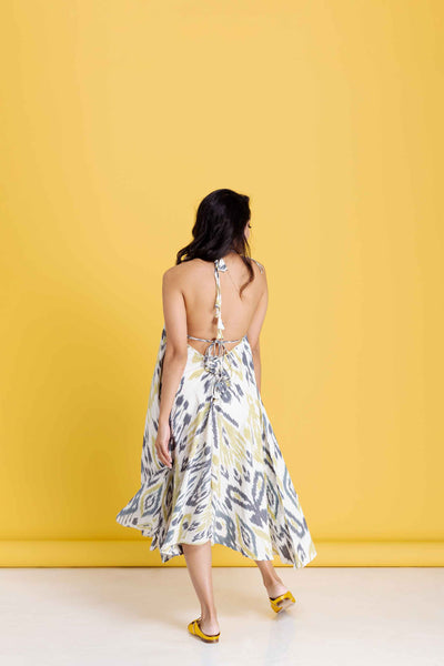 Twyla Backless Strappy Dress with Bralette Top -Yellow and Grey Ikat