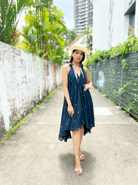 Twyla Backless Strappy Dress with Bralette Top - Inky Black Jamdani