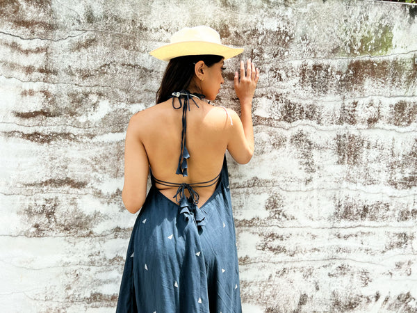 Twyla Backless Strappy Dress with Bralette Top - Inky Black Jamdani