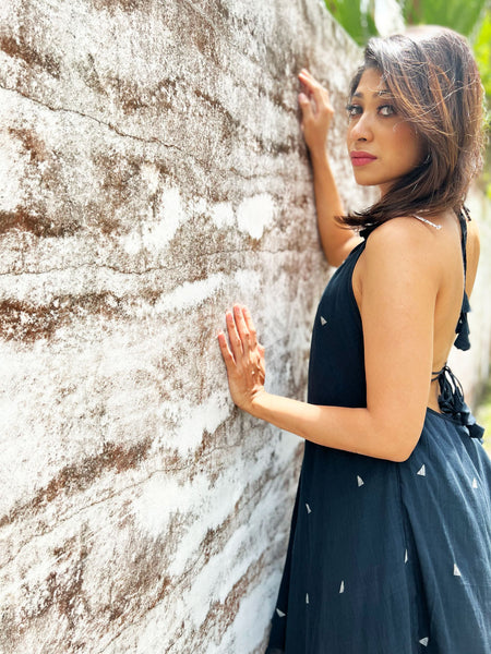 Twyla Backless Strappy Dress with Bralette Top - Inky Black Jamdani