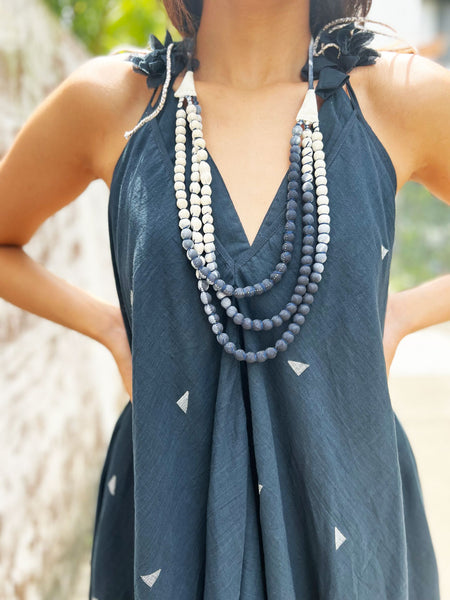 Twyla Backless Strappy Dress with Bralette Top - Inky Black Jamdani