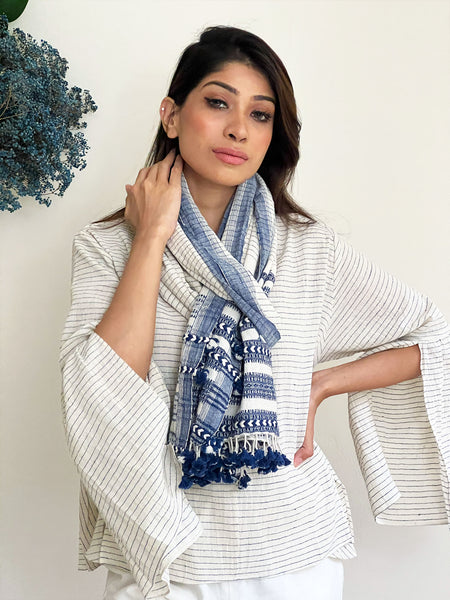 Kala Cotton Wild Sleeves Flared Top and Bhujodi Scarf - Blue and White