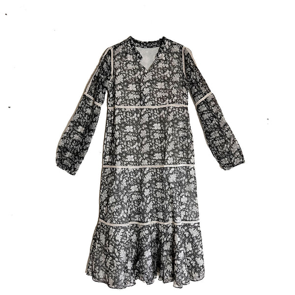 Emily Hope Dress -Black and White Kota Doria with Floral Blockprint