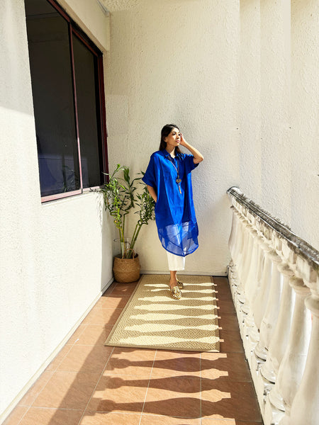 Amrita Freedom Shirt Dress -Royal Blue Chanderi Cotton-Silk