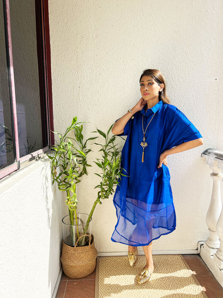 Amrita Freedom Shirt Dress -Royal Blue Chanderi Cotton-Silk