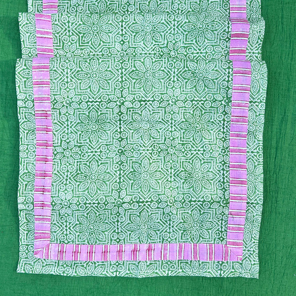 Green Blockprinted Runner with Pink Stripe Border