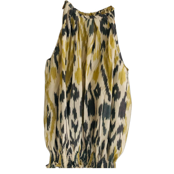 Halter Top With Smock Edge - Ikat Blue Grey and Yellow