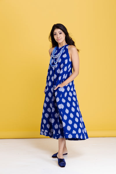 Pandora "Work and Days" Ikat Dress with Bead Necklace -Blue with Grey Hexagon Motif