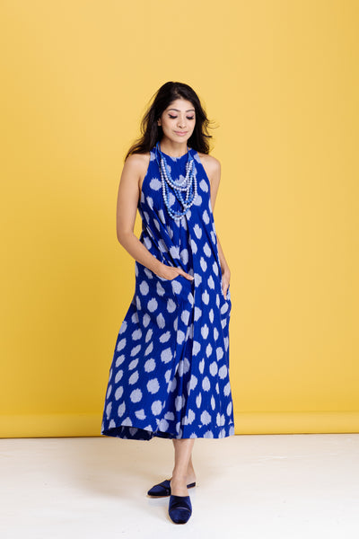 Pandora "Work and Days" Ikat Dress with Bead Necklace -Blue with Grey Hexagon Motif