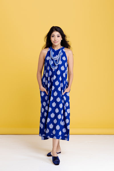Pandora "Work and Days" Ikat Dress with Bead Necklace -Blue with Grey Hexagon Motif