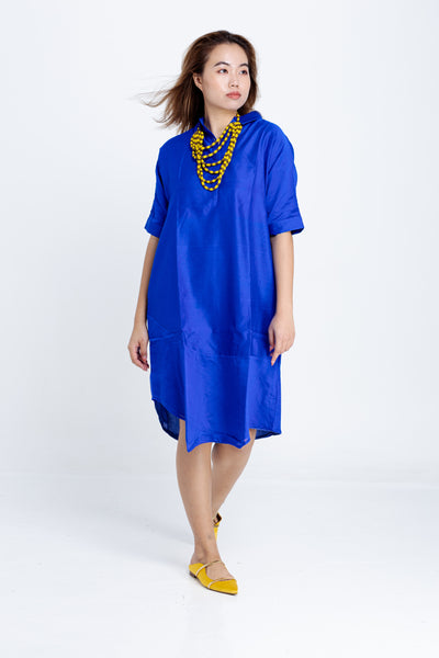 Amrita Freedom Shirt Dress -Royal Blue Chanderi Cotton-Silk