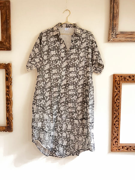 Amrita Freedom Shirt Dress -Black and White Blockprinted