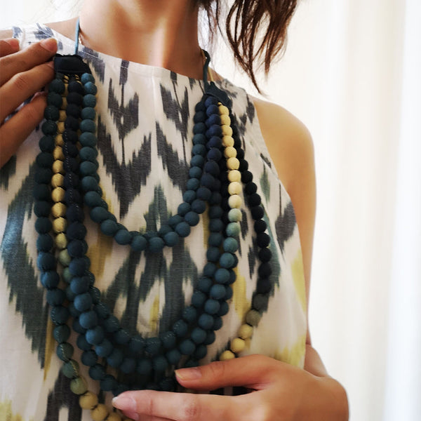 Pandora "Work and Days" Ikat Dress with Ombre Bead Necklace - Grey Blue and Yellow