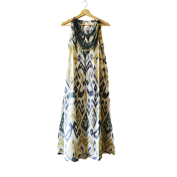 Pandora "Work and Days" Ikat Dress with Ombre Bead Necklace - Grey Blue and Yellow