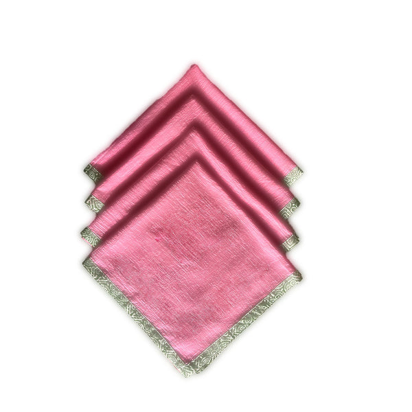 Pink Napkins with Green Blockprinted Border  (Set of 4)