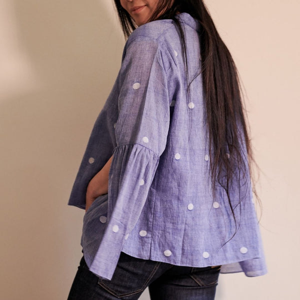 Flared Sleeve Top - Blue Jamdani
