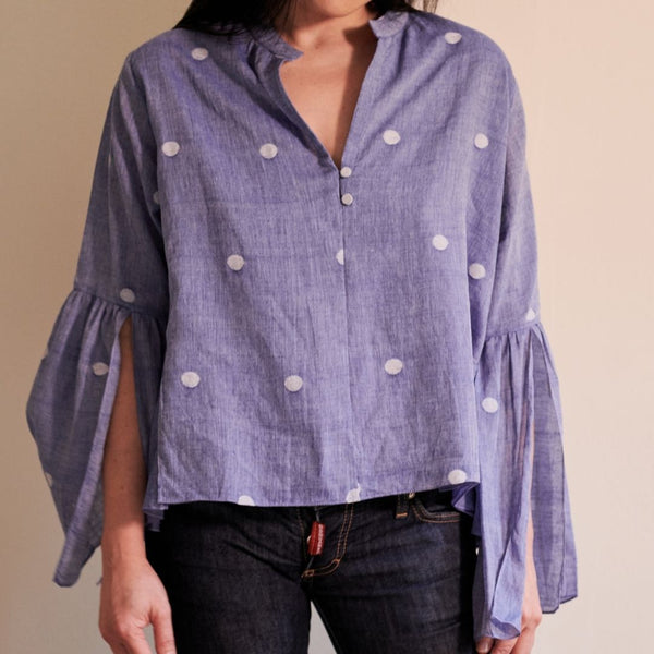 Flared Sleeve Top - Blue Jamdani