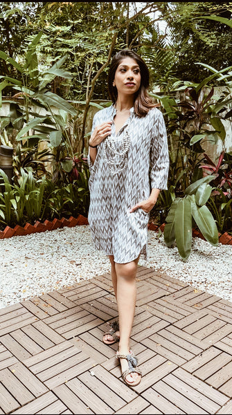 White and Black Ikat- Colette Shirt Dress Jacket