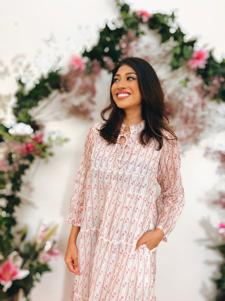 White and pink floral blockprint dress with sleeves