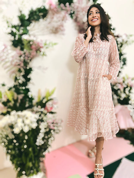 Emily Hope Dress - White and Pink Floral Blockprint